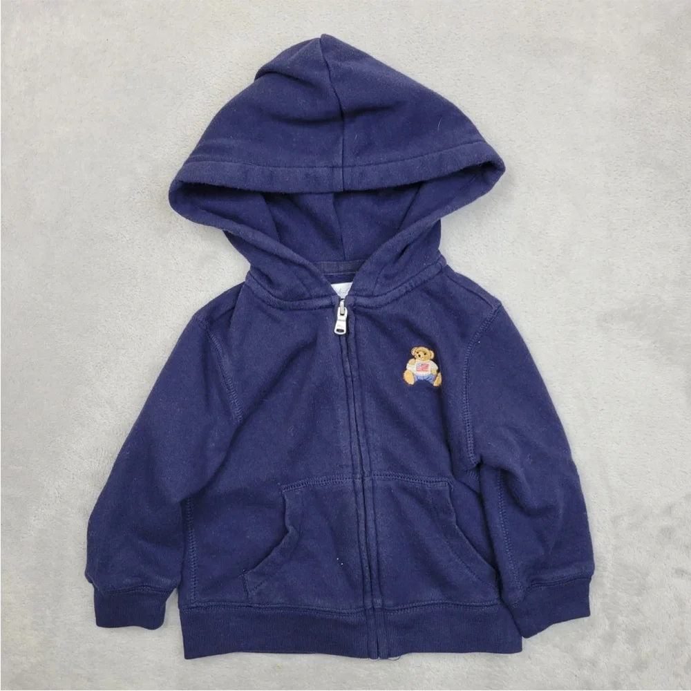 Ralph Lauren Baby Hoodie 18M Navy Blue Teddy Bear‎ Zip Sweatshirt Jacket Cotton